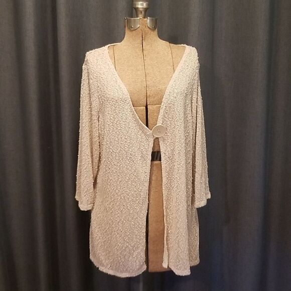 JM COLLECTION Crochet Tan Cream Button  Front Short Sleeve Shrug Cardigan NWT - Picture 1 of 16